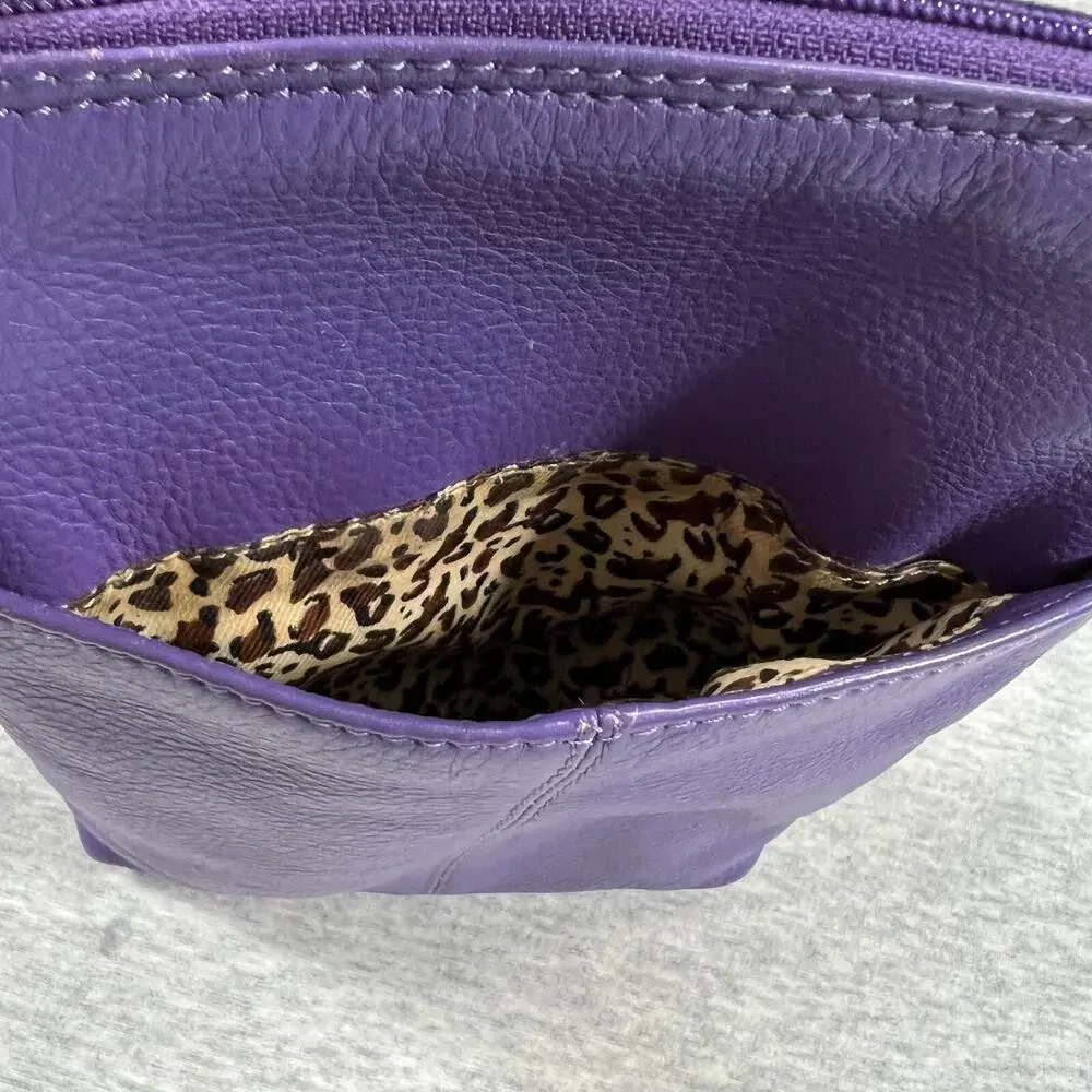 ILI NY Crossbody Bag Purple‎ Pebbled Leather Leopard Lining 8
